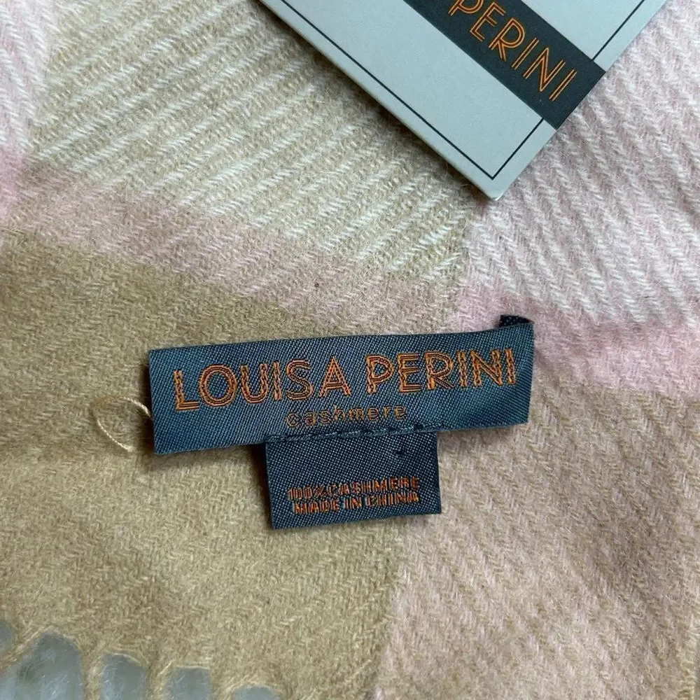 LOUISA PERINI Pink and Tan Plaid Scarf 100% Cashmere